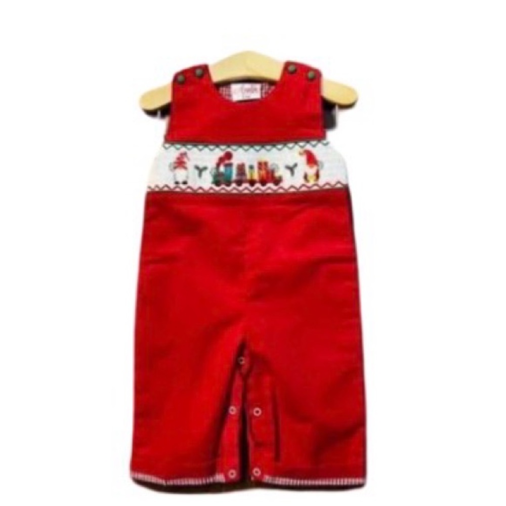 Red Smocked Gnome Christmas Romper Overalls for Kids